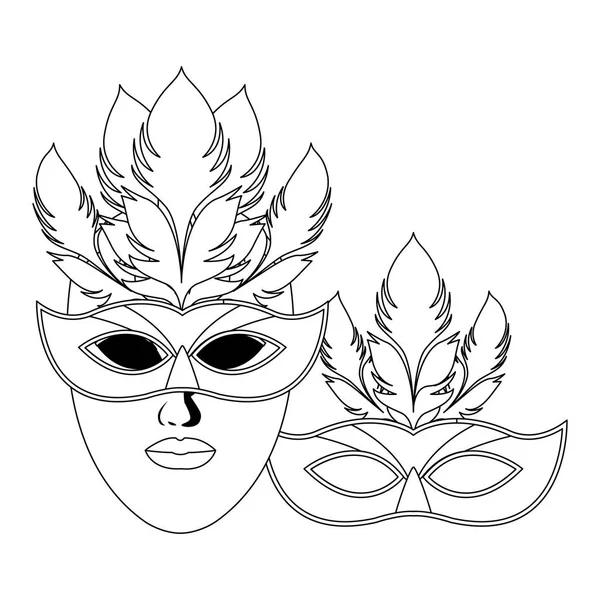 Máscaras y plumas blanco y negro — Vector de stock