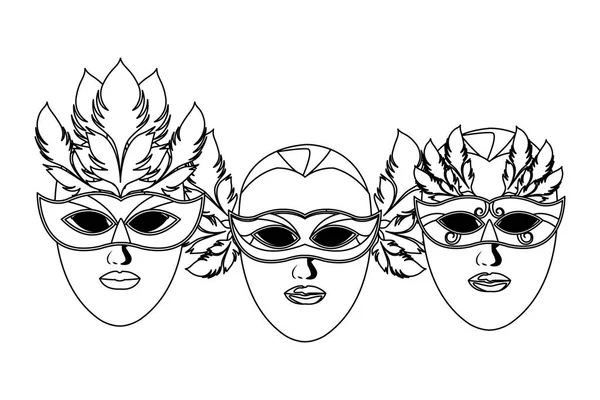 Ensemble de masques et plumes noir et blanc — Image vectorielle