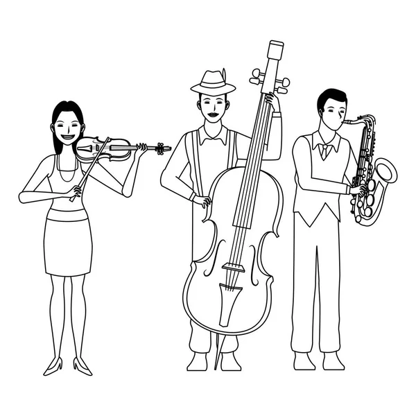 音乐家演奏萨克斯低音和小提琴黑白 — 图库矢量图片