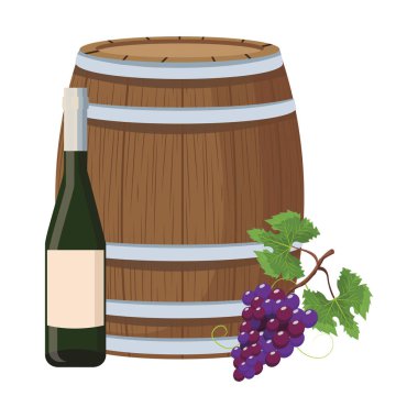 Şarap şişesi ve üzüm fıçısı.