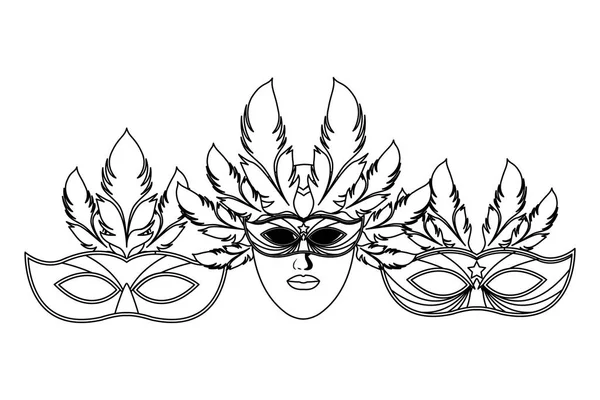 Conjunto de máscaras y plumas blanco y negro — Vector de stock