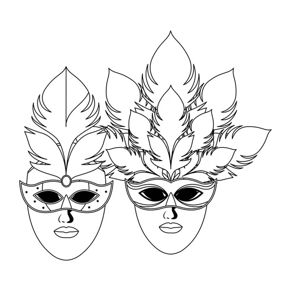 Masques et plumes noir et blanc — Image vectorielle