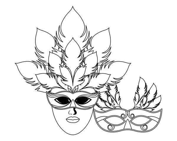 Máscaras y plumas blanco y negro — Vector de stock