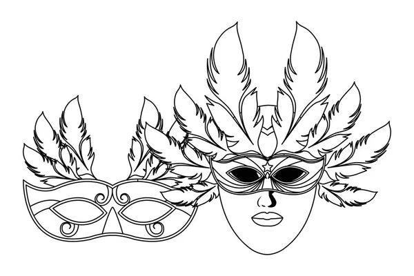 Masques et plumes noir et blanc — Image vectorielle