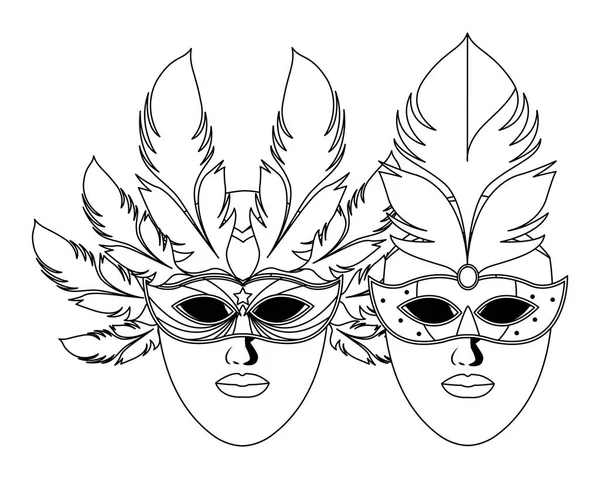 Masques et plumes noir et blanc — Image vectorielle