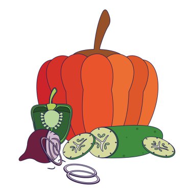 Biber mavi hatları ile soğan ile kabak ve salatalık