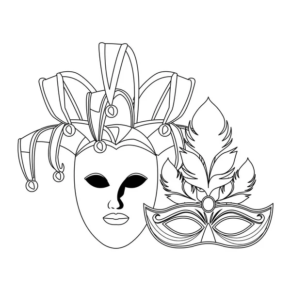 Masks and feathers black and white — Stock Vector