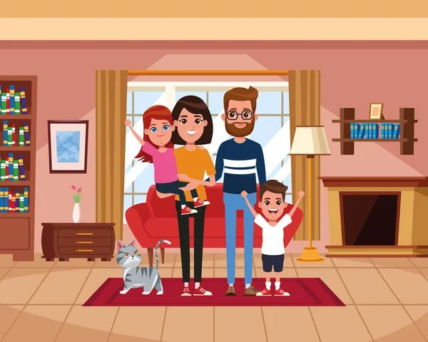 Familie in huis landschap cartoons — Stockvector