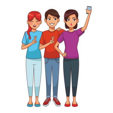 Kadınlar ve erkekler akıllı telefonla selfie çekiyorlar.