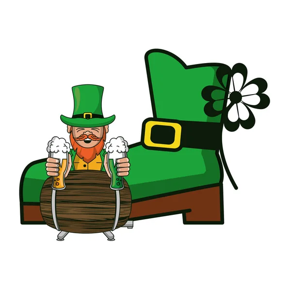 Irish elf with beer cups and barrel — Stock Vector