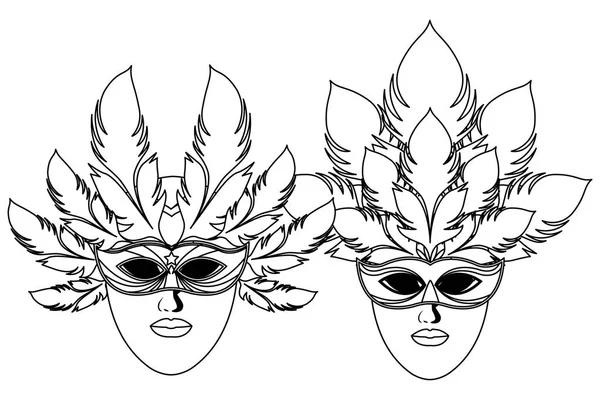 Masks and feathers black and white — Stock Vector