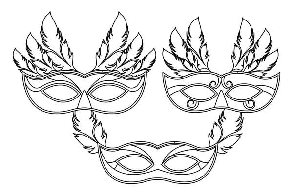 Conjunto de máscaras y plumas blanco y negro — Vector de stock