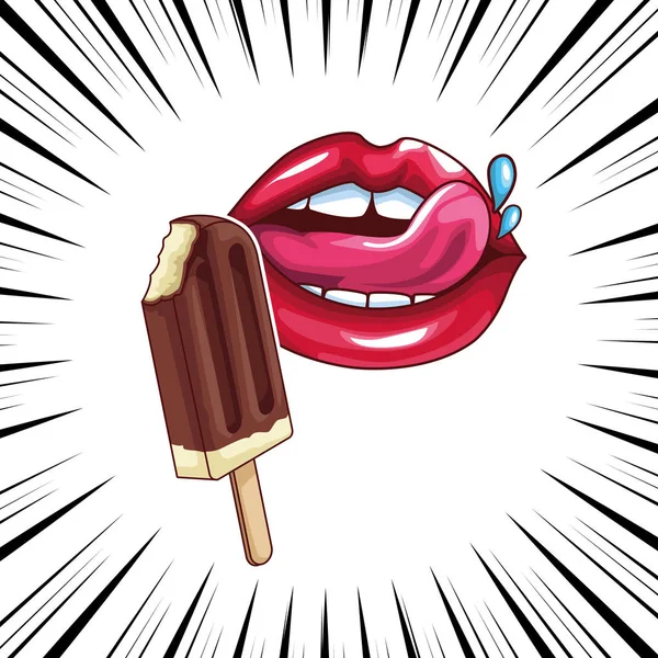 Ice lolly and sexy lips pop art — стоковый вектор