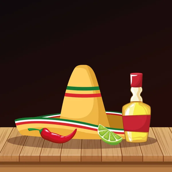 Topi Meksiko dan kartun tequila od - Stok Vektor