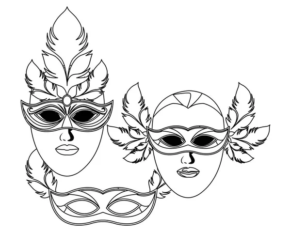 Ensemble de masques et plumes noir et blanc — Image vectorielle