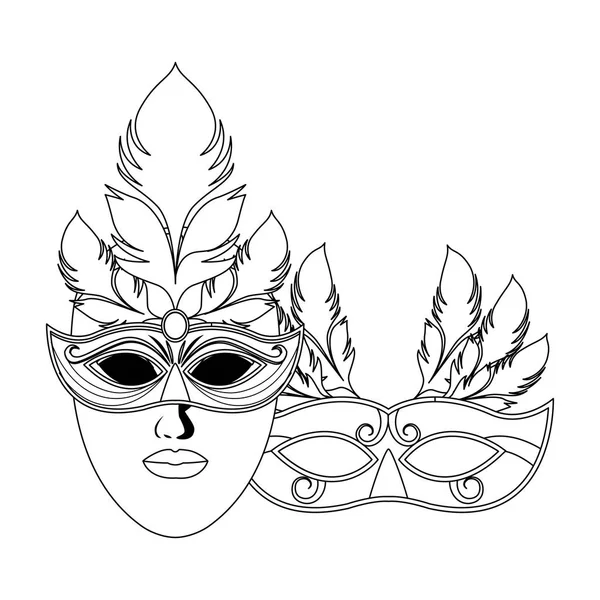 Máscaras y plumas blanco y negro — Vector de stock