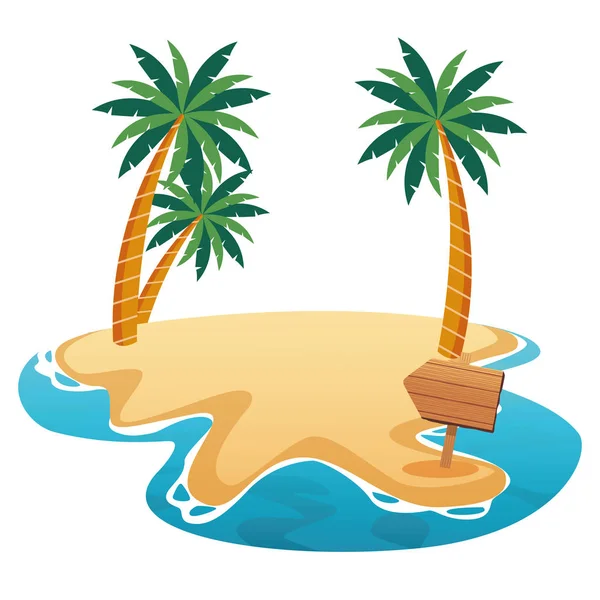 Belle plage avec palmiers et panneau en bois — Image vectorielle