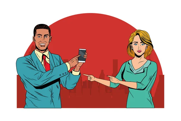 Casal de negócios segurando celular —  Vetores de Stock