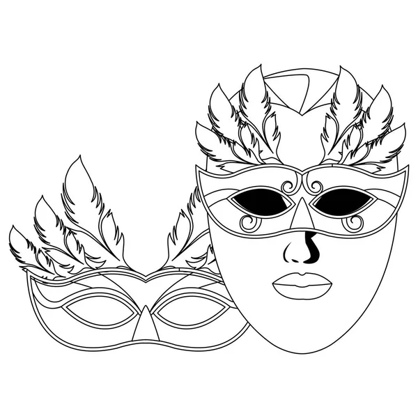 Masks and feathers black and white — Stock Vector