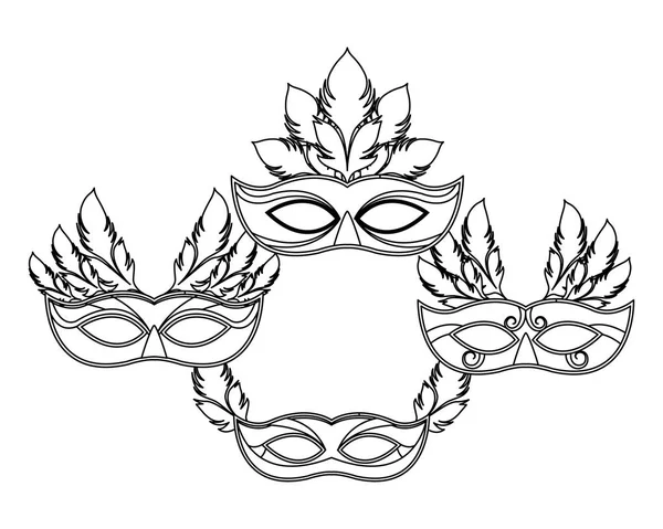 Conjunto de máscaras y plumas blanco y negro — Vector de stock