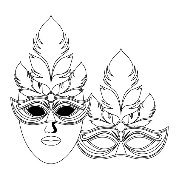 Masks and feathers black and white — Stock Vector