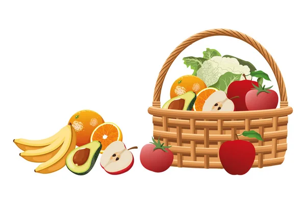 Cesta de vime com frutas e legumes — Vetor de Stock