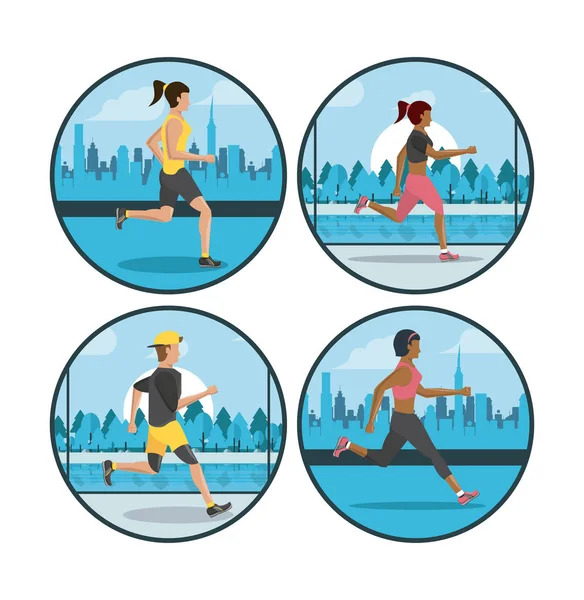 Fitness pessoas correndo ícones redondos — Vetor de Stock