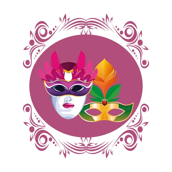 Máscaras con plumas icono redondo — Vector de stock