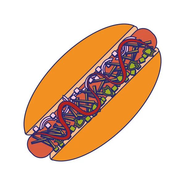 Fast food hot dog cartoni animati isolati linee blu — Vettoriale Stock