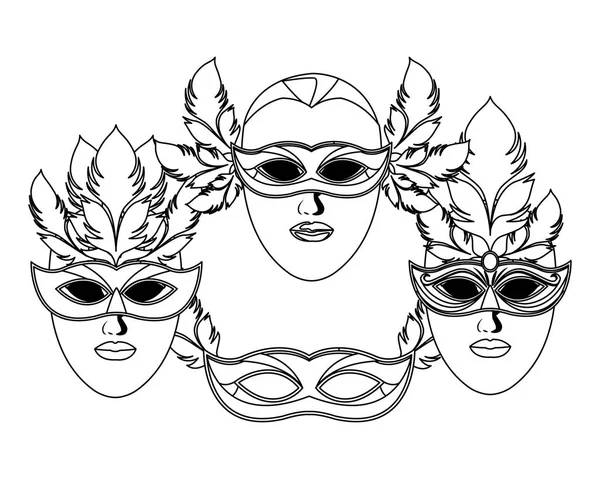 Ensemble de masques et plumes noir et blanc — Image vectorielle