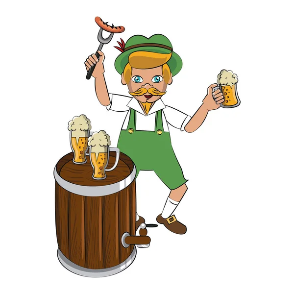 Pria Bavarian dengan gelas bir dan sosis - Stok Vektor