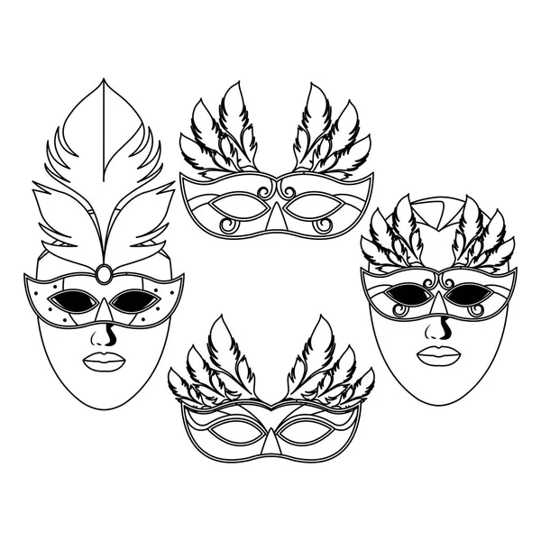 Conjunto de máscaras e penas preto e branco — Vetor de Stock
