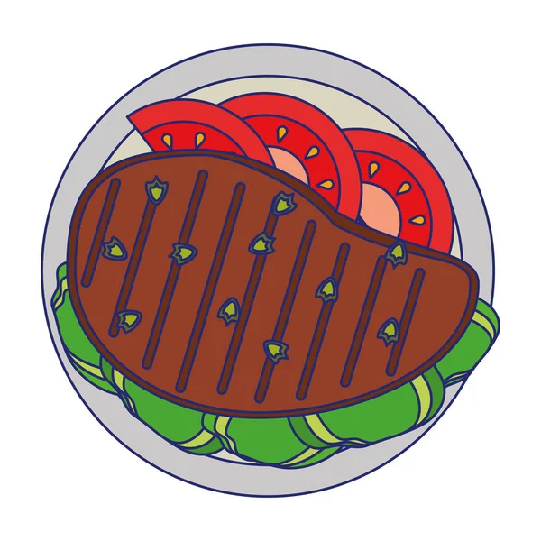 Carne de res con tomate y lechuga alimentos saludables líneas azules — Vector de stock
