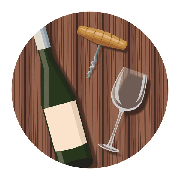 Butelka i filiżanka wina z korkociągiem — Wektor stockowy