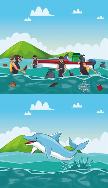 Mar limpieza dibujos animados — Vector de stock