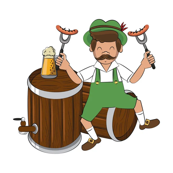 Bavarian man with sausages and beers — Stock Vector