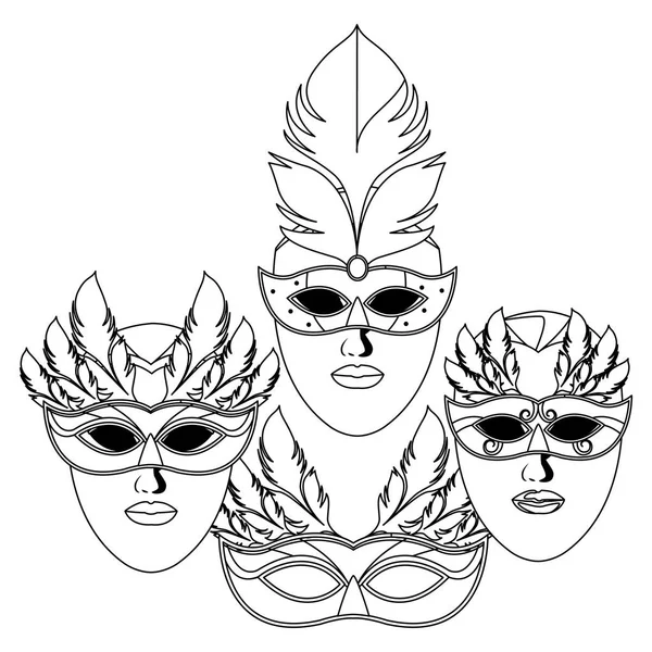 Conjunto de máscaras y plumas blanco y negro — Vector de stock