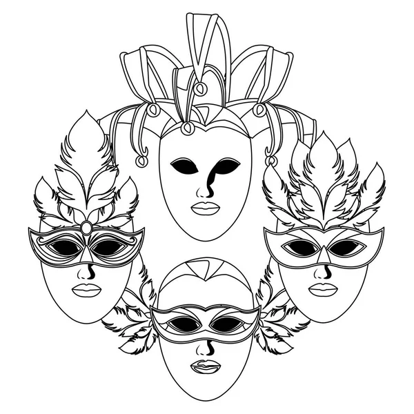 Conjunto de máscaras y plumas blanco y negro — Vector de stock
