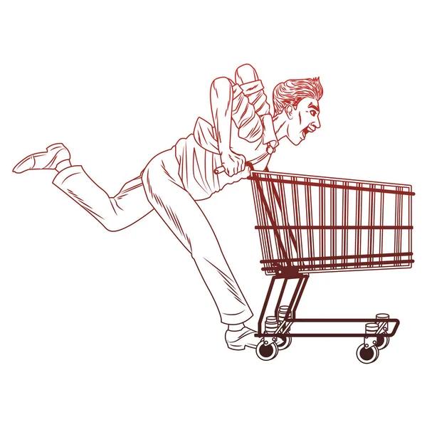 Homem adulto correndo com carrinho de compras pop art linhas vermelhas — Vetor de Stock