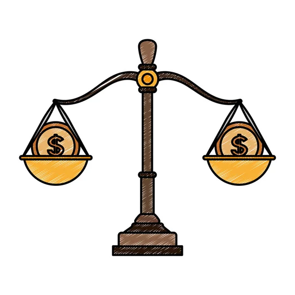 Balance de justicia con bolsos de dinero garabato — Vector de stock