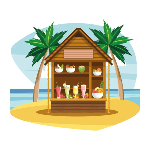 Smoothies und Fruchtschalen im Strandladen — Stockvektor