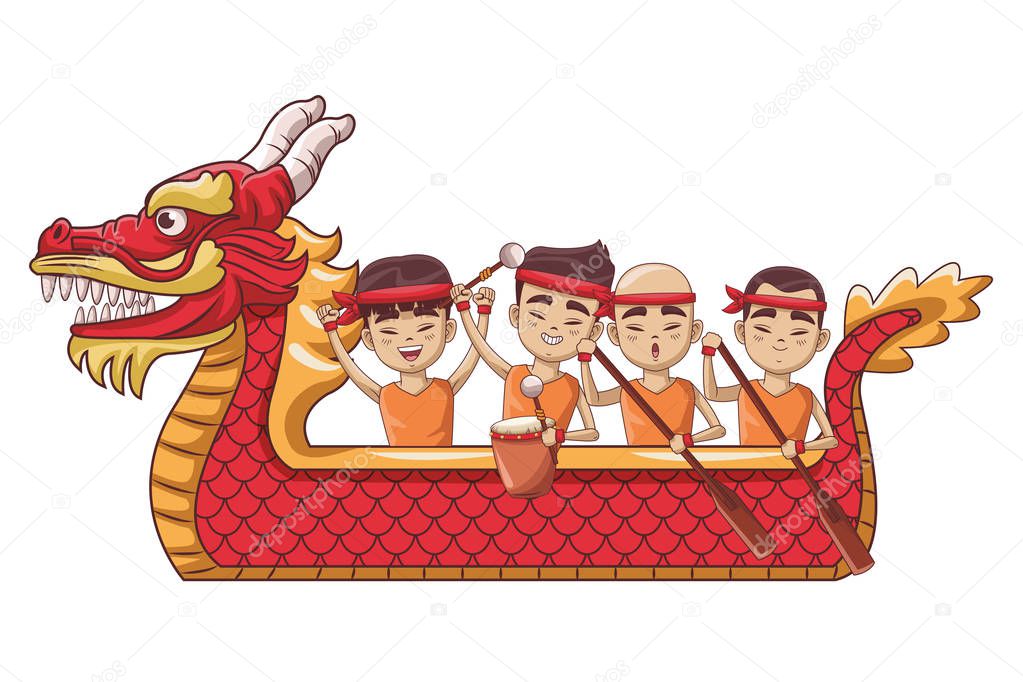 Asians paddling on dragon boat