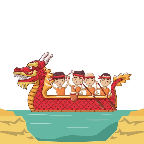 Asiáticos remando em barco dragão — Vetor de Stock