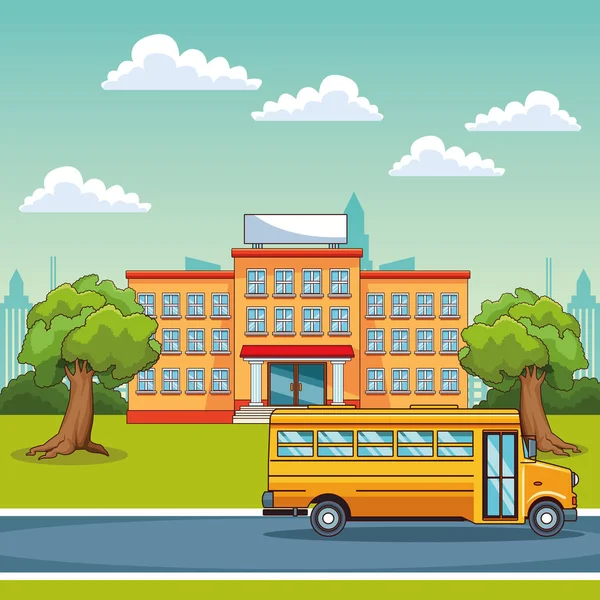 Okul binası ve okul otobüsü açık havada — Stok Vektör