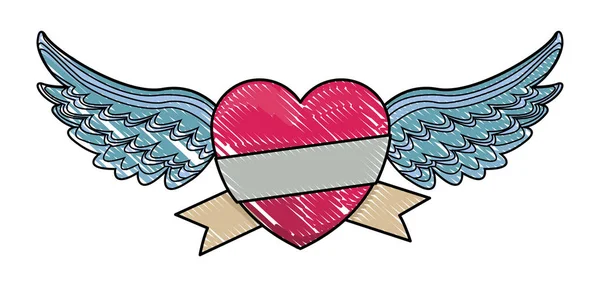 Corazón con alas y banderín de cinta garabato — Vector de stock
