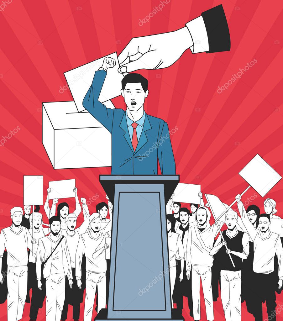 man making a speech and audience with signboard and voting
