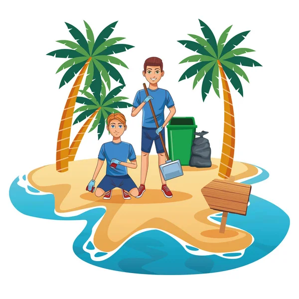 Подростки чистят пляж — стоковый вектор
