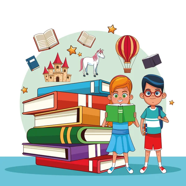 Enfants lisant des contes de fées — Image vectorielle