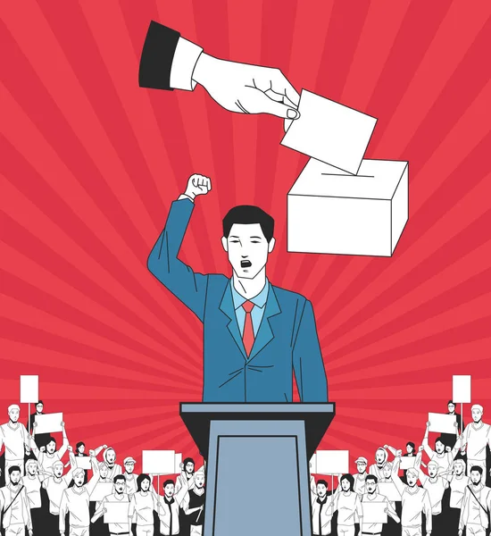 Man making a speech and audience with signboard and voting — Stock Vector