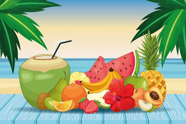 Kokos drank en fruit — Stockvector
